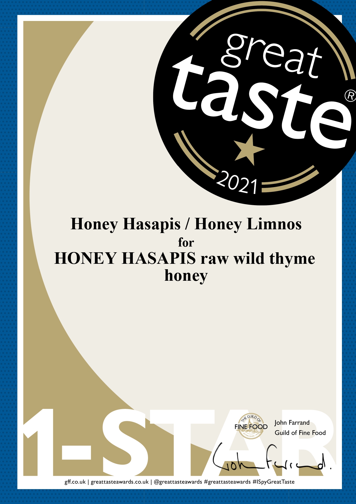 Great Taste Awards 2021 Honey Hasapis raw wild thyme honey