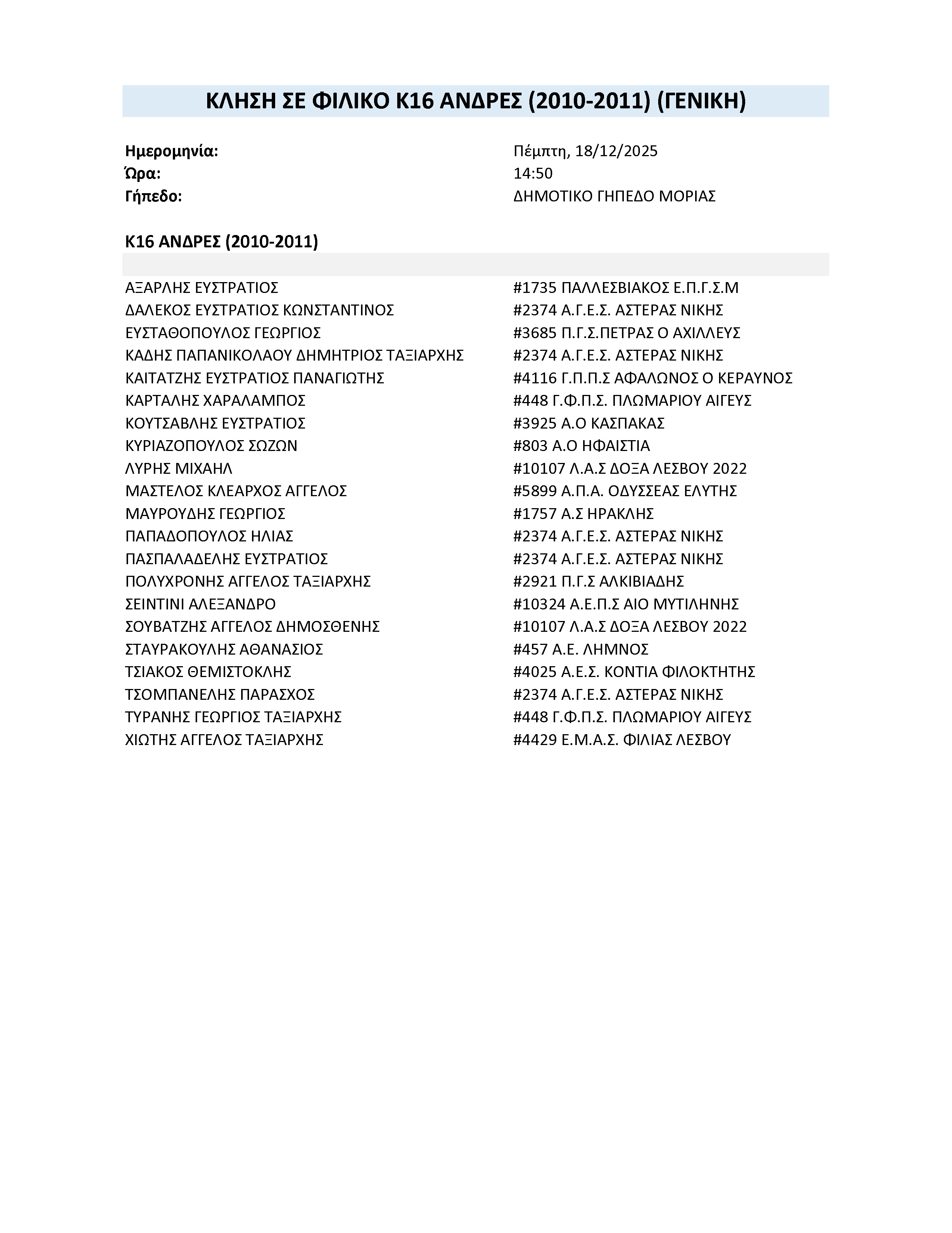  ΦΙΛΙΚΟ K16 ΓΕΝΙΚΗ 18 12 2025