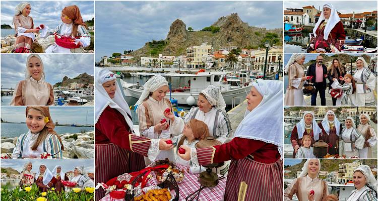 Χ.Ο.Λ «Ήφαιστος»: Ευχές με κόκκινα αυγά, παραδοσιακές φορεσιές και με φόντο το λιμανάκι της Μύρινας