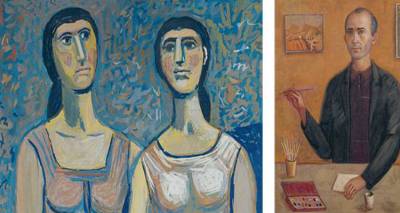 «Οι δύο φίλες» (1966), τέμπερα σε χαρτί (αριστερά). «Αυτοπροσωπογραφία» του Ράλλη Κοψίδη, ελαιογραφία σε καμβά (δεξιά πάνω), και «Γυναίκα στο παράθυρο» (1972), ακρυλικό σε ξύλο (δεξιά κάτω).